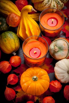 Happy Halloween - pumpkins and candles still life