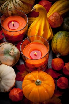 Happy Halloween - pumpkins and candles still life