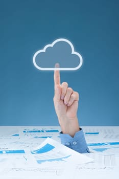 Drowning in paperwork and have lots of versions of one document? Cloud computing is solution. Administrative worker click on virtual cloud icon - rescue of paperwork and document versions.