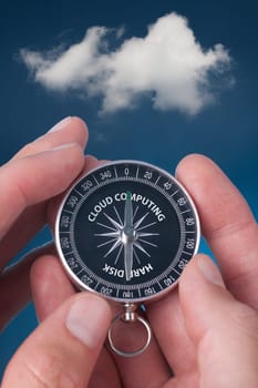 Cloud computing concept. Cloud computing is a new way of data storing. Hard disk drive and compass pointed at word cloud computing.
