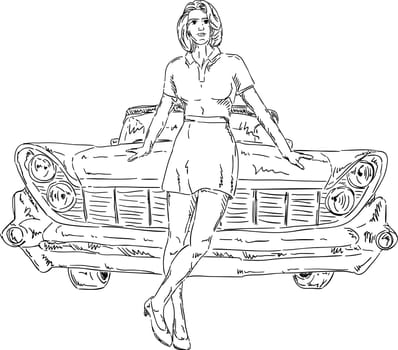 vector - Young women with her old car , isolated on background