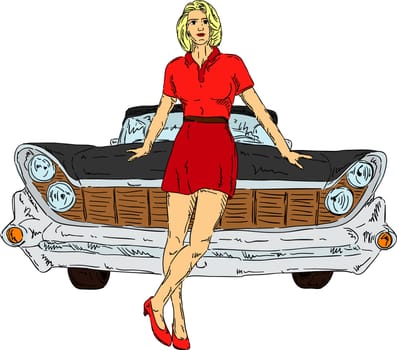 vector - Young women with her old car , isolated on background