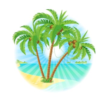 Coconut palm trees on a island with sun. Illustration on white.