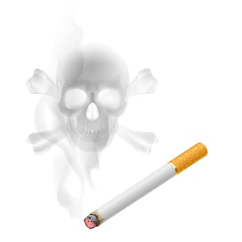 Human scull appears in Cigarette Smoke on white