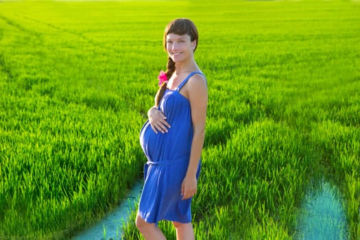 Beautiful pregnant woman walking outdoor nature on green rice fields