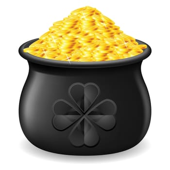 Black Pot full of gold coin. Illustration on white