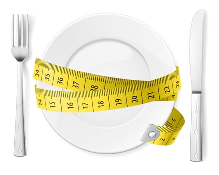 Diet concept. Plate with knife, fork and measure tape