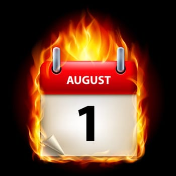 First August in Calendar. Burning Icon on black background