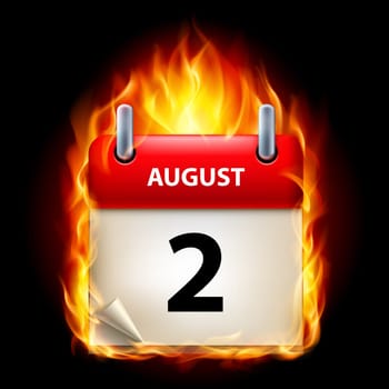 Second August in Calendar. Burning Icon on black background