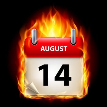 Fourteenth August in Calendar. Burning Icon on black background