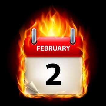 Second February in Calendar. Burning Icon on black background