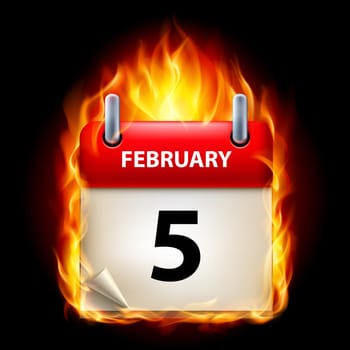 Fifth February in Calendar. Burning Icon on black background
