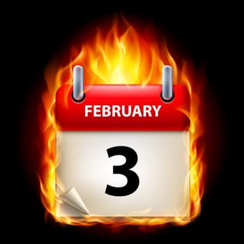 Third February in Calendar. Burning Icon on black background