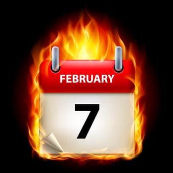 Seventh February in Calendar. Burning Icon on black background