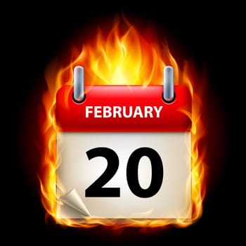 Twentieth February in Calendar. Burning Icon on black background