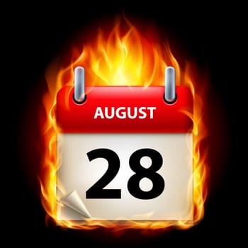 Twenty-eighth August in Calendar. Burning Icon on black background