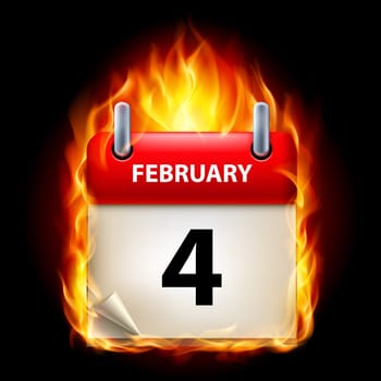 Fourth February in Calendar. Burning Icon on black background