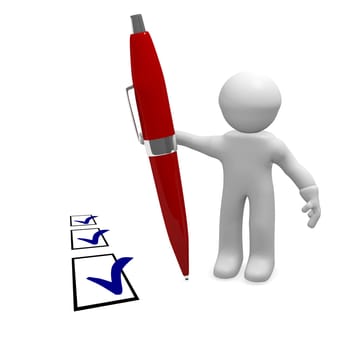 3d man with a pen and check marks on background