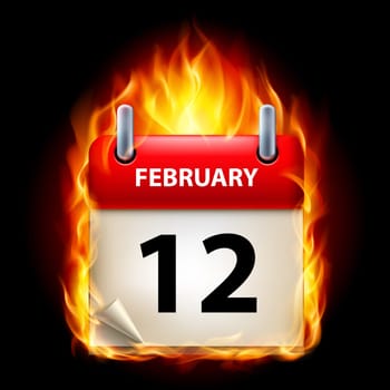 Twelfth February in Calendar. Burning Icon on black background