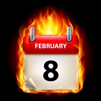 Eighth February in Calendar. Burning Icon on black background