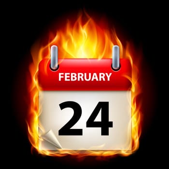 Twenty-fourth February in Calendar. Burning Icon on black background