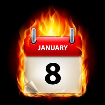 Eighth January in Calendar. Burning Icon on black background