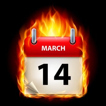 Fourteenth March in Calendar. Burning Icon on black background