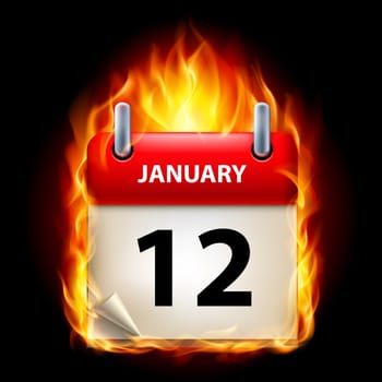 Twelfth January in Calendar. Burning Icon on black background