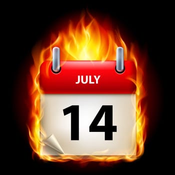 Fourteenth July in Calendar. Burning Icon on black background
