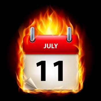 Eleventh July in Calendar. Burning Icon on black background