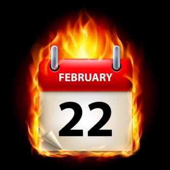 Twenty-second February in Calendar. Burning Icon on black background