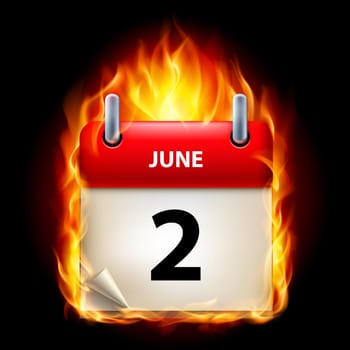 Second June in Calendar. Burning Icon on black background