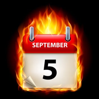 Fifth September in Calendar. Burning Icon on black background