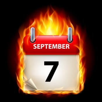 Seventh September in Calendar. Burning Icon on black background