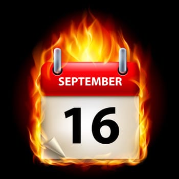 Sixteenth September in Calendar. Burning Icon on black background