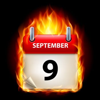 Ninth September in Calendar. Burning Icon on black background