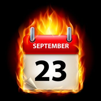 Twenty-third September in Calendar. Burning Icon on black background