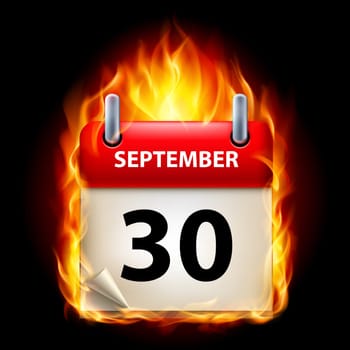 Thirtieth September in Calendar. Burning Icon on black background