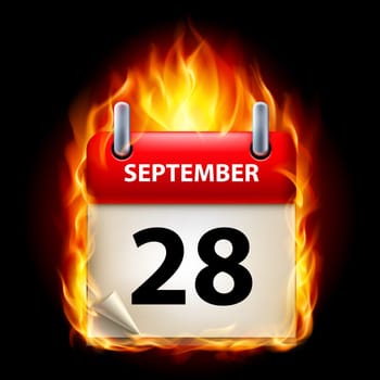 Twenty-eighth September in Calendar. Burning Icon on black background