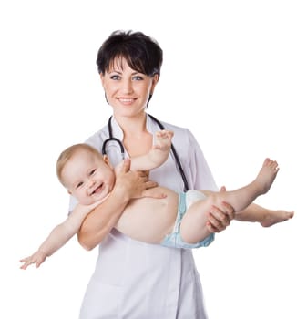 beautiful doctor and baby on a white background.