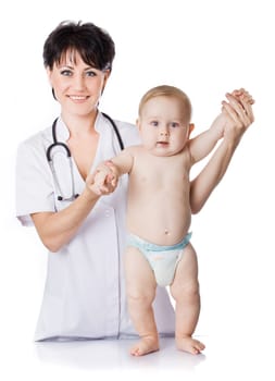 beautiful doctor and baby on a white background.