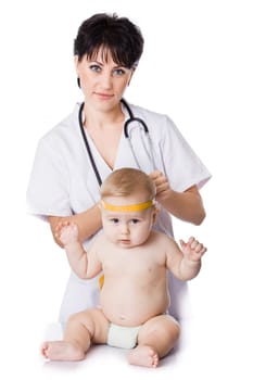 beautiful doctor and baby on a white background.