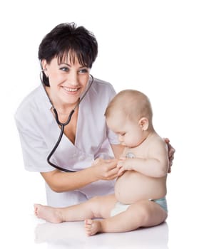 beautiful doctor and baby on a white background.