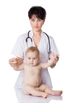 beautiful doctor and baby on a white background.