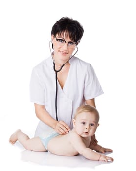 beautiful doctor and baby on a white background.