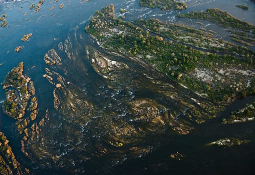 Aerial view of the Zambezi river with riverboats