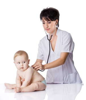 beautiful doctor and baby on a white background.