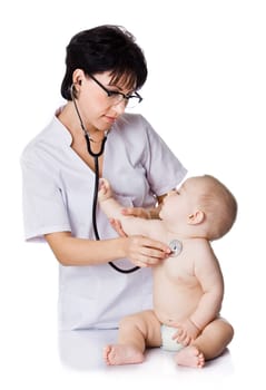 beautiful doctor and baby on a white background.