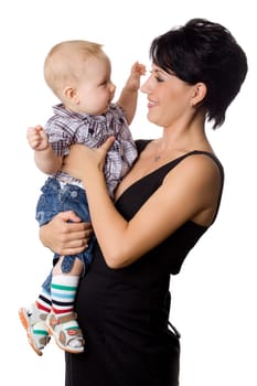 Beautiful happy mather with attractive baby boy on white. Portrait of  baby and his mother.