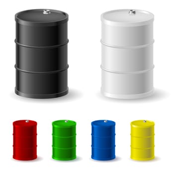 Metal barrels set on white background for design